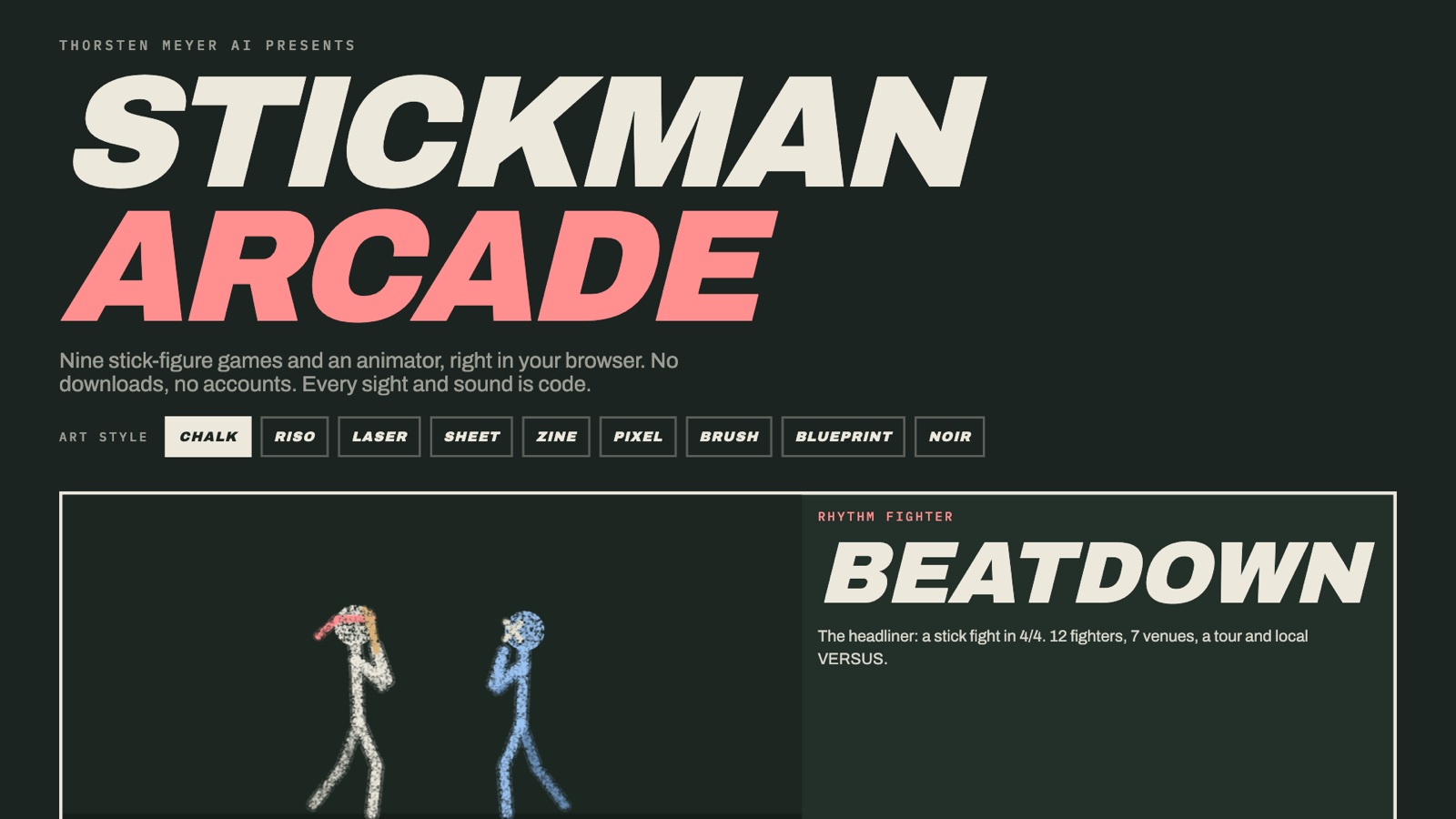 Stickman Arcade lineup page with animated cards for nine games and an animator in chalk style