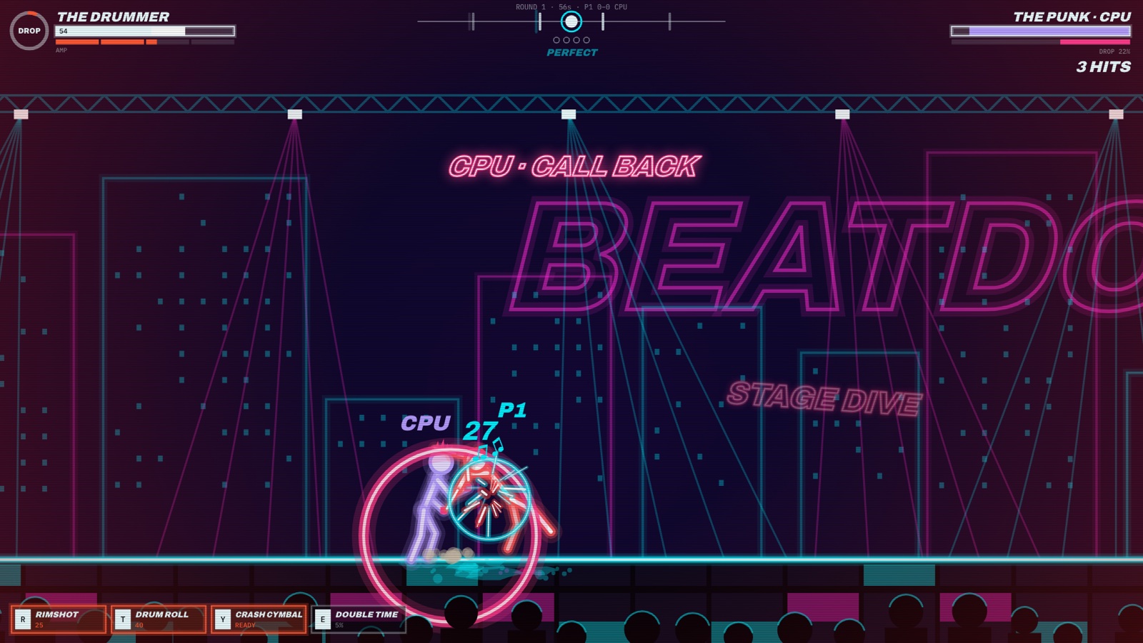 Neon one-on-one fight between a drummer and a punk with round counter and two health bars